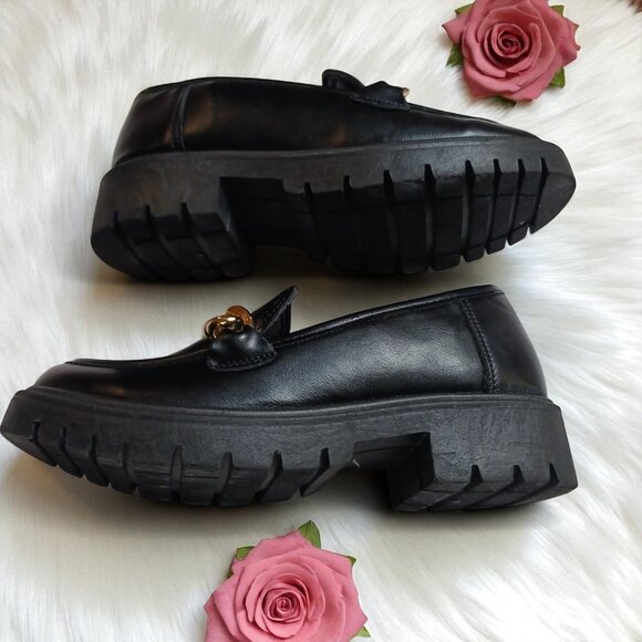 Streetwear Society Black Chunky Loafers Gold Chain Slip-On Lug  Heels Size 7 - Picture 9 of 12